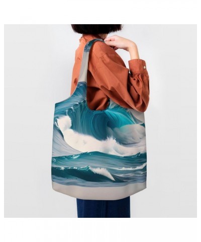 Cartoon Blue Sea Wave Extra Large Capacity Shoulder Canvas Bag For Shopping Travel Daily Use $15.40 Totes