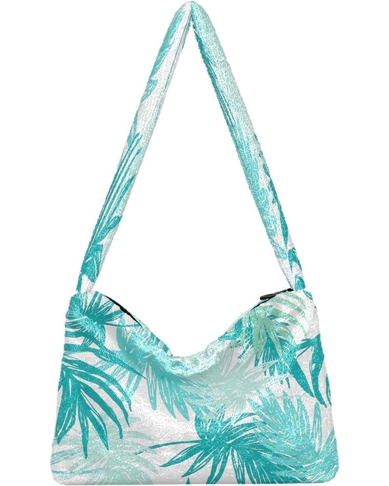 Floral Groovy Retro Flowers Shoulder Purse Handbag, Furry Tote Girls Crossbody Hobo Bag Green Palm Leaves Tropical $12.59 Totes