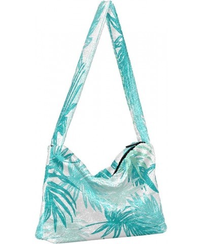 Floral Groovy Retro Flowers Shoulder Purse Handbag, Furry Tote Girls Crossbody Hobo Bag Green Palm Leaves Tropical $12.59 Totes