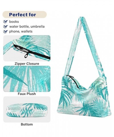 Floral Groovy Retro Flowers Shoulder Purse Handbag, Furry Tote Girls Crossbody Hobo Bag Green Palm Leaves Tropical $12.59 Totes