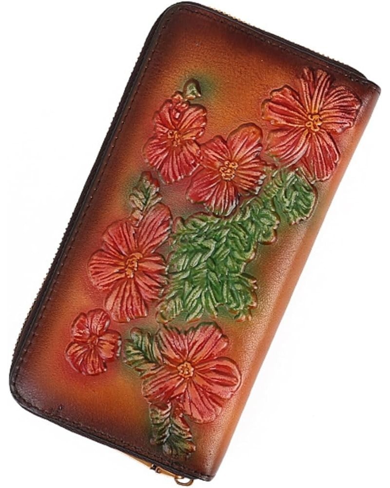 Handmade Women's Leather Zip Around Wallet Clutch Bifold Ladies Card Case Card Holder Flower Embossed Vintage (Brown) Brown $...