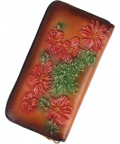 Handmade Women's Leather Zip Around Wallet Clutch Bifold Ladies Card Case Card Holder Flower Embossed Vintage (Brown) Brown $...