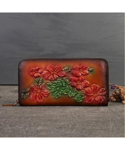 Handmade Women's Leather Zip Around Wallet Clutch Bifold Ladies Card Case Card Holder Flower Embossed Vintage (Brown) Brown $...