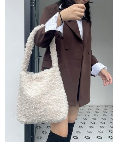 Fuzzy Shoulder Bag for Women Cute Fluffy Hobo Bag Tote Handbag Retro Solid Satchel Purse Large Small Beige $31.24 Totes