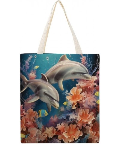 Canvas Tote Bag Two Dolphins With Plants Under An Ocean Shopping Tote Bag Deep Sea Dolphin Reusable Shopping Bag Totebag-3 $9...