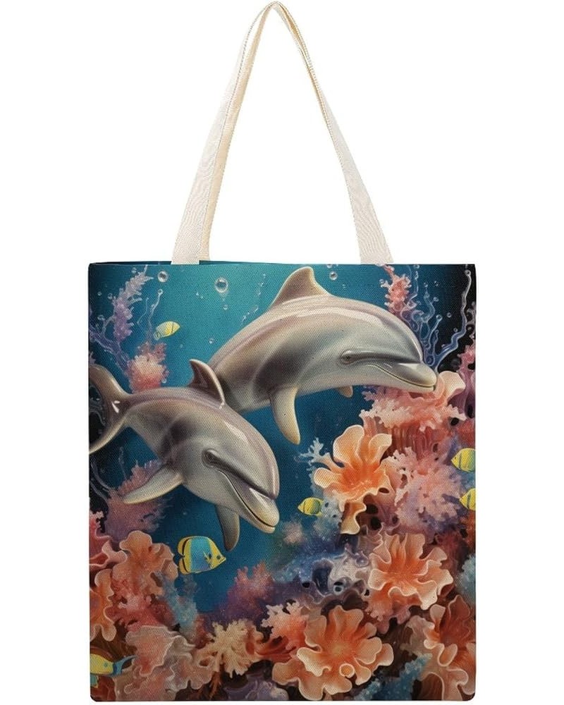 Canvas Tote Bag Two Dolphins With Plants Under An Ocean Shopping Tote Bag Deep Sea Dolphin Reusable Shopping Bag Totebag-3 $9...