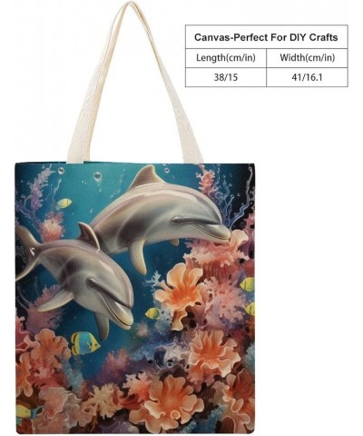 Canvas Tote Bag Two Dolphins With Plants Under An Ocean Shopping Tote Bag Deep Sea Dolphin Reusable Shopping Bag Totebag-3 $9...