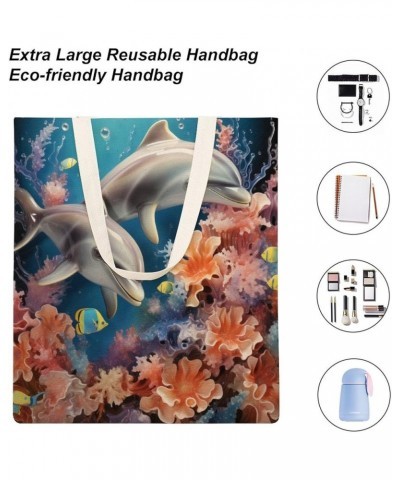 Canvas Tote Bag Two Dolphins With Plants Under An Ocean Shopping Tote Bag Deep Sea Dolphin Reusable Shopping Bag Totebag-3 $9...