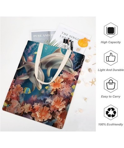 Canvas Tote Bag Two Dolphins With Plants Under An Ocean Shopping Tote Bag Deep Sea Dolphin Reusable Shopping Bag Totebag-3 $9...