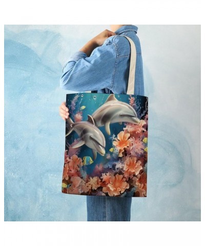 Canvas Tote Bag Two Dolphins With Plants Under An Ocean Shopping Tote Bag Deep Sea Dolphin Reusable Shopping Bag Totebag-3 $9...