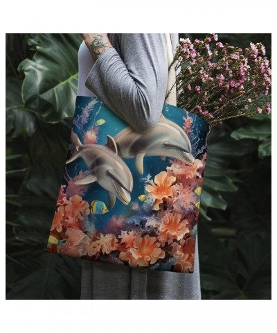 Canvas Tote Bag Two Dolphins With Plants Under An Ocean Shopping Tote Bag Deep Sea Dolphin Reusable Shopping Bag Totebag-3 $9...