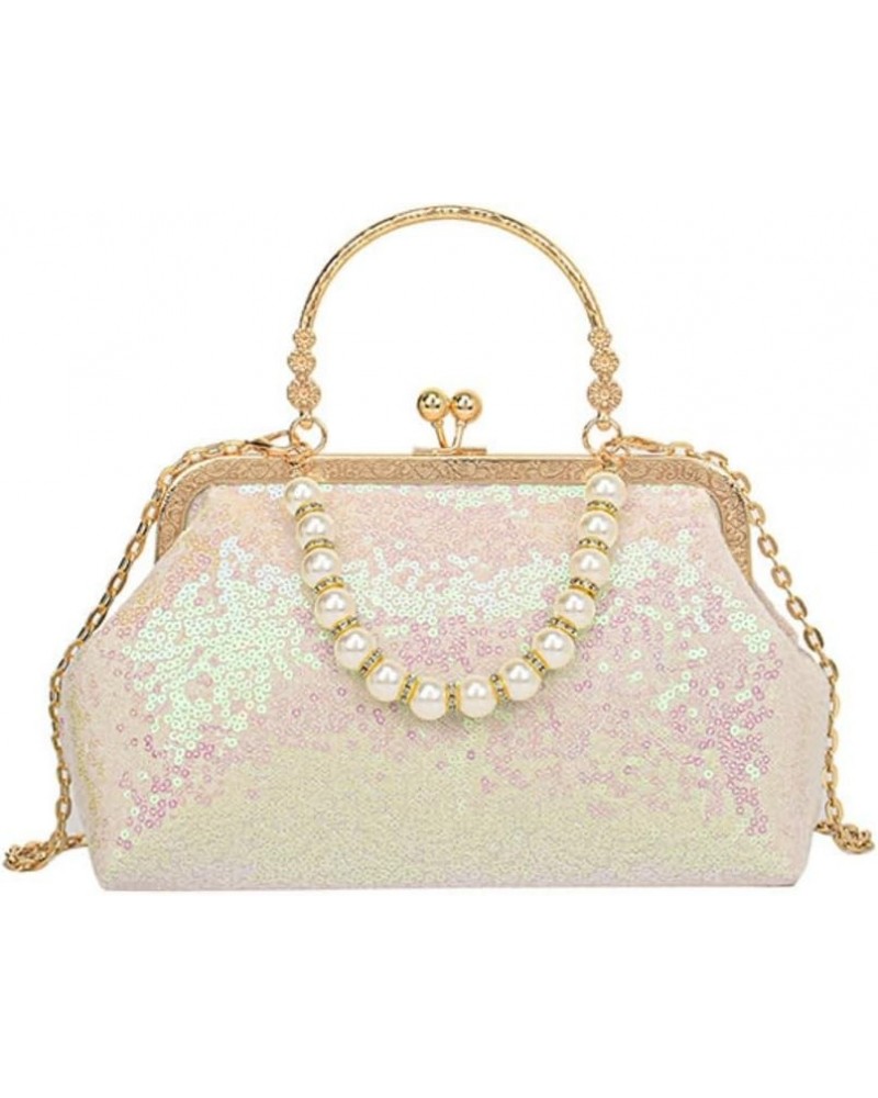 Women Sequins Evening Handbag Glitter Top Handle Purse Chain Cross-body Bag H-white $16.63 Evening Bags