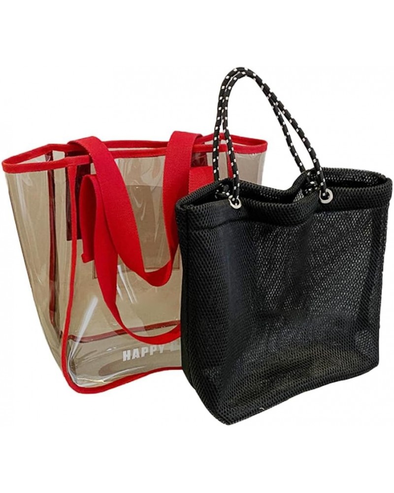 Women's Waterproof PVC Transparent Two Piece Tote Bag,Inner Belt Mesh Bag Ladies Clear Purse Shoulder Bags Red $21.20 Totes