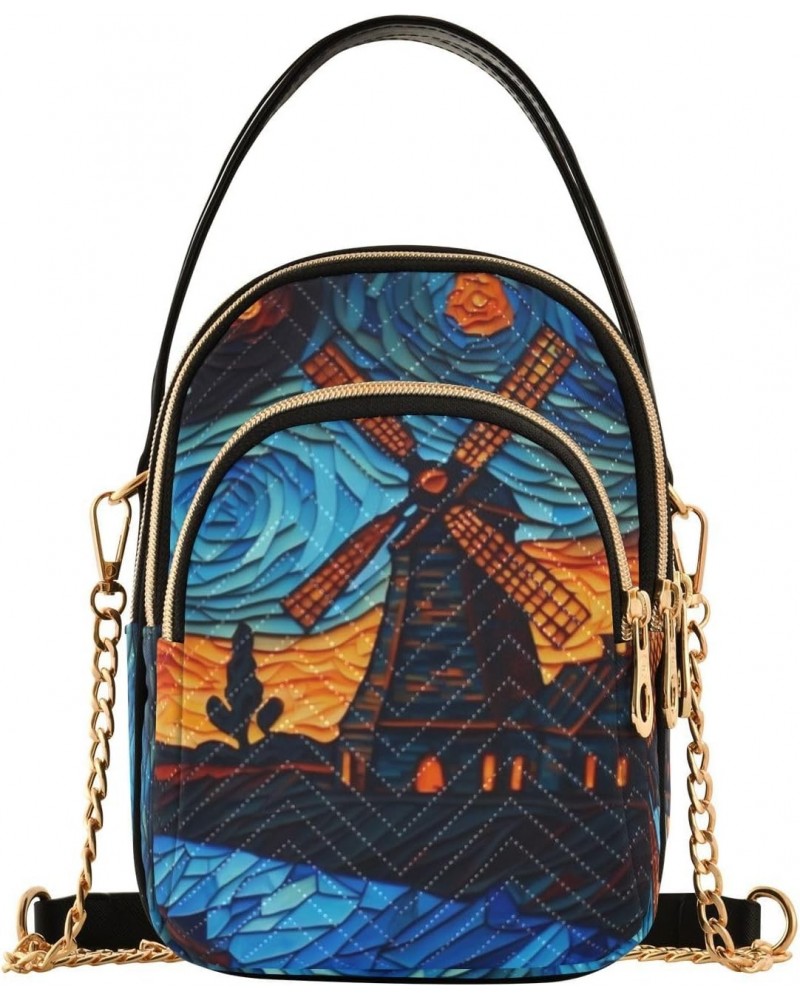 Women's Crossbody Sling Bags Painting Windmill Sunset Print, Fashion Handbags Purse with Chain Strap Top handle for Evening P...