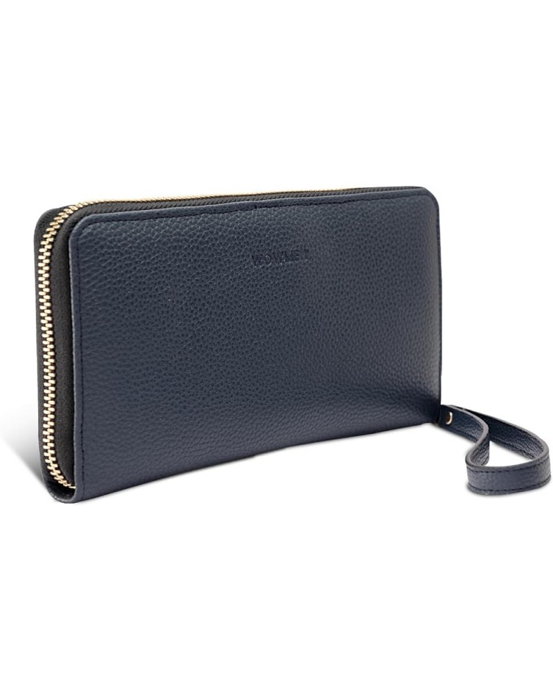 Women's RFID Blocking Vegan Leather Zip Around Wallet Passcase Clutch Wristlet Long Travel Purse for women (Black) Blue $10.8...