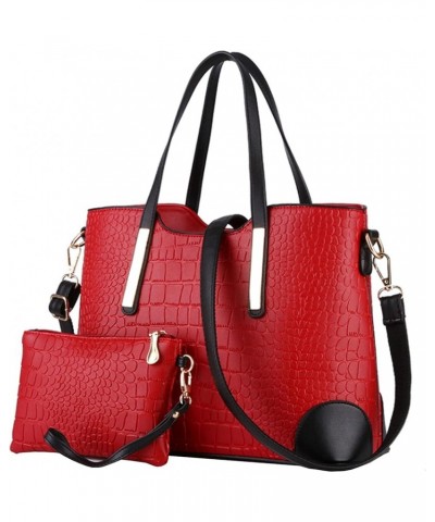 Women Ladies 2Pcs Purse and Handbags Tote PU Stiching Top Handle Satchel Shoulder Bag Clutches Burgundy $20.08 Totes