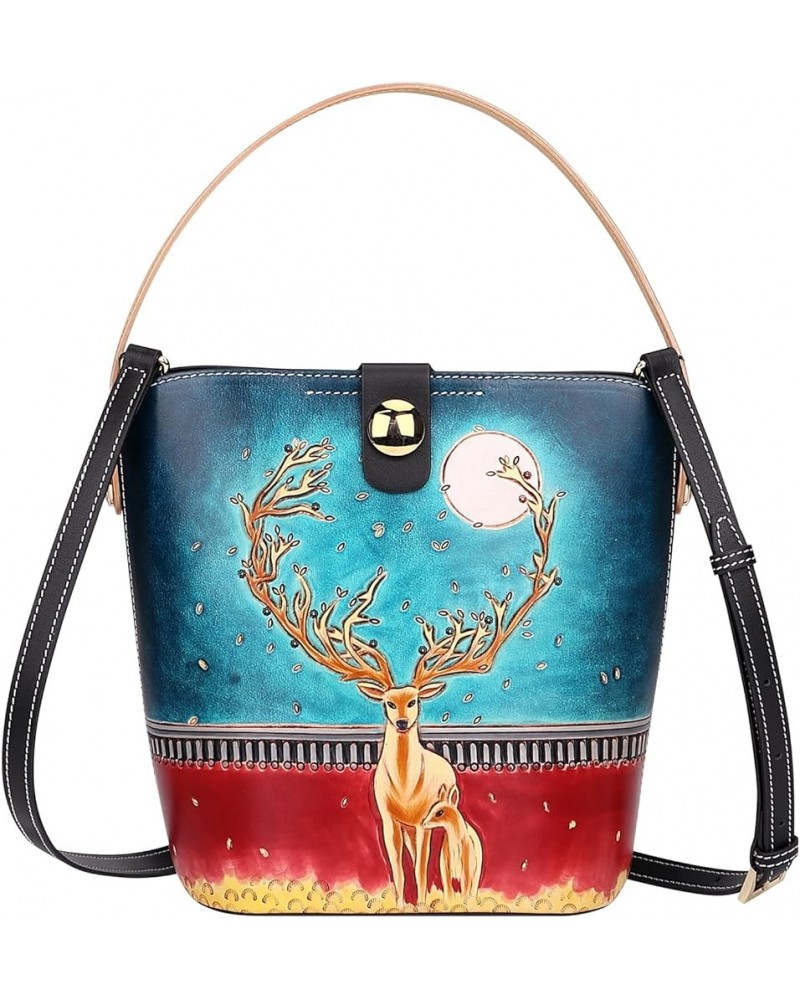 Designer Genuine Leather Satchel Bags for Women Hand Painted Top Handle Purses Pattern Crossbody Bucket Handbags Deer/Black $...