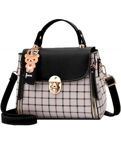 Women Satchel Faux Leather Plaid Shoulder Bag Flap Top Handle Handbags Mini Totes Office Small Crossbody Bag Black $16.10 Totes