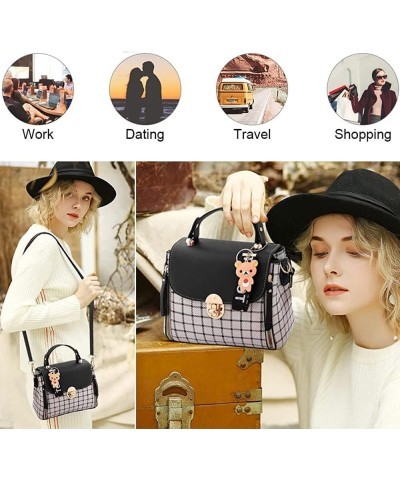 Women Satchel Faux Leather Plaid Shoulder Bag Flap Top Handle Handbags Mini Totes Office Small Crossbody Bag Black $16.10 Totes