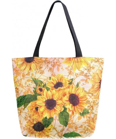 Vibrant Yellow Sunflower Floral Large Canvas Tote Bag Shopping Shoulder Handbag with Small Zippered Pocket $9.02 Totes