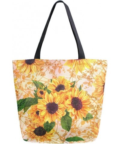 Vibrant Yellow Sunflower Floral Large Canvas Tote Bag Shopping Shoulder Handbag with Small Zippered Pocket $9.02 Totes