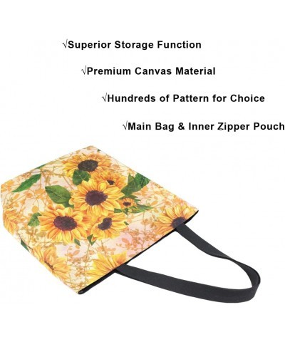 Vibrant Yellow Sunflower Floral Large Canvas Tote Bag Shopping Shoulder Handbag with Small Zippered Pocket $9.02 Totes