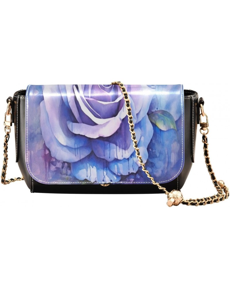 Watercolor Rose Blue Leather Crossbody Bag for Women Small Handbag with Chain Strap, Flip-Top Crossbody Purse $19.20 Crossbod...