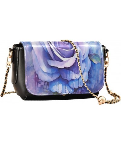 Watercolor Rose Blue Leather Crossbody Bag for Women Small Handbag with Chain Strap, Flip-Top Crossbody Purse $19.20 Crossbod...