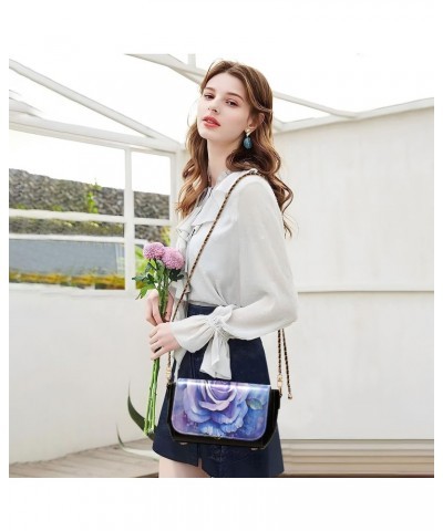 Watercolor Rose Blue Leather Crossbody Bag for Women Small Handbag with Chain Strap, Flip-Top Crossbody Purse $19.20 Crossbod...