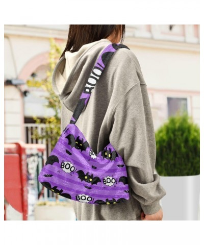 Halloween Women Boho Handbag Bat Boo Cool Purple Underarm Bag Tote Bag Shoulder Bag Crossbody Bag Fluffy Cell Phone Purse Lad...