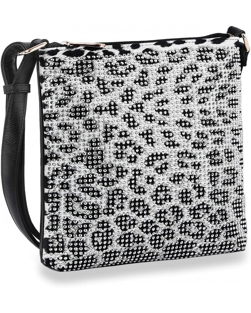 Rhinestone Bling Crossbody Messenger Bag Evening Party Purse Multi Desgin White Leopard-4852 $23.50 Crossbody Bags