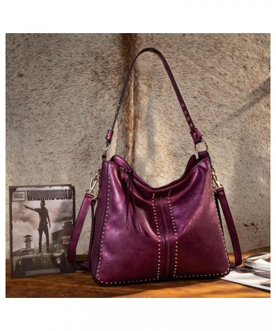 Hobo Handbag for Women Large Purses and Handbags with Studs and Crossbody Strap Metalic Purple $12.69 Hobo Bags