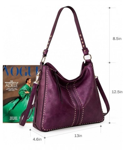 Hobo Handbag for Women Large Purses and Handbags with Studs and Crossbody Strap Metalic Purple $12.69 Hobo Bags