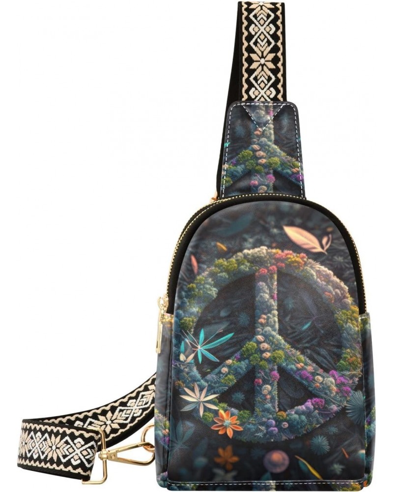 Women's Sling Bag Flower Peace Symbol Print with Adjustable Strap Zipper Closure, PU Leather Water Resistant Crossbody Bag Pu...