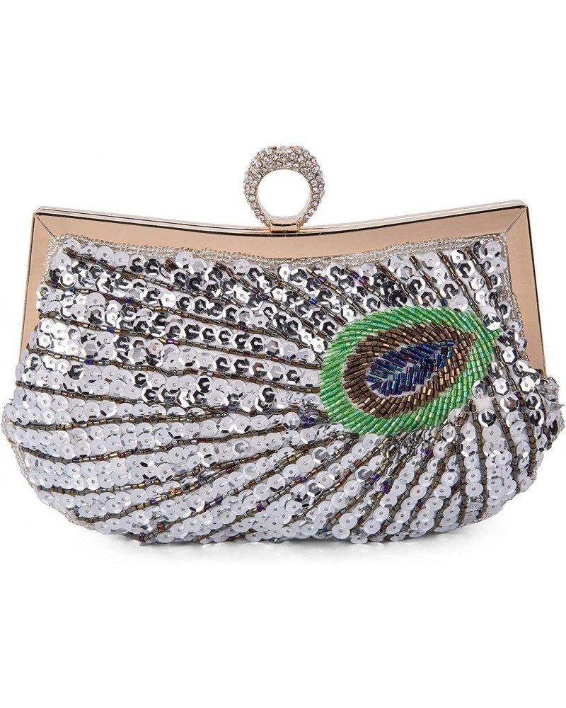 Women Full Shining Sequins Beaded Rhinestone Peacock Embroidery Clutch Purse Handbag Evening Bag $24.36 Evening Bags