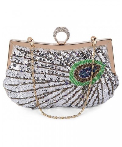 Women Full Shining Sequins Beaded Rhinestone Peacock Embroidery Clutch Purse Handbag Evening Bag $24.36 Evening Bags