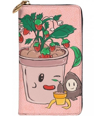 Sunflower seeds and strawberries pattern Leather long clutch wallet : Comfortable, lightweight, waterproof, durable 7.48 x 4....