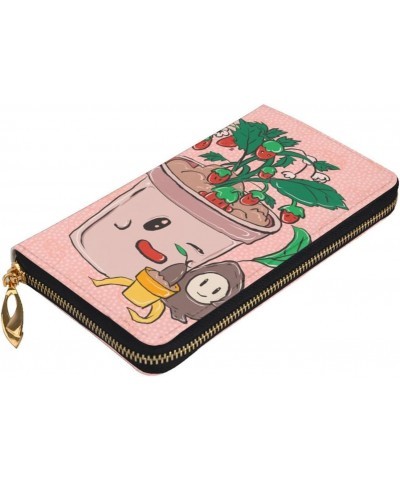 Sunflower seeds and strawberries pattern Leather long clutch wallet : Comfortable, lightweight, waterproof, durable 7.48 x 4....