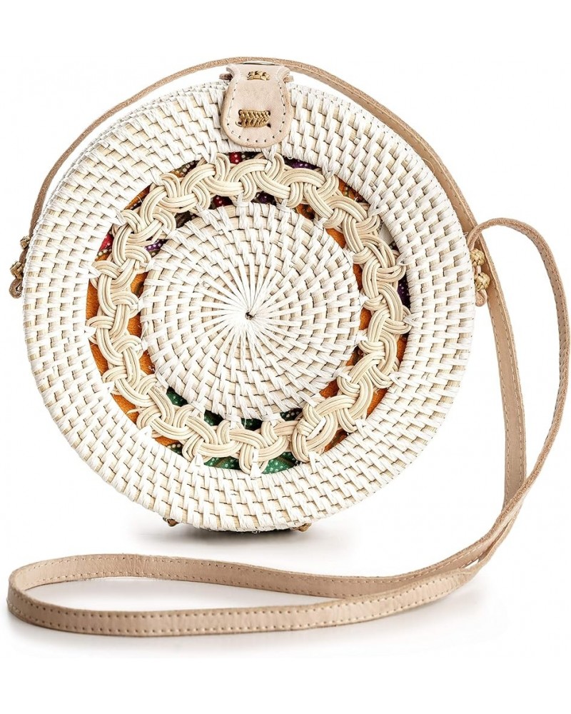 Round Rattan Bag for Women - Handmade Straw Bags - Wicker Purse - Brown White Circle Crossbody Boho Bags White Pattern $24.89...