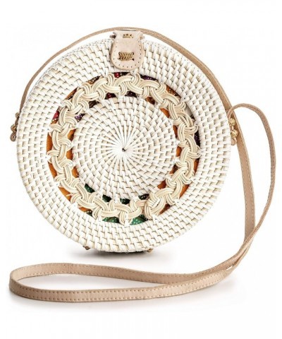 Round Rattan Bag for Women - Handmade Straw Bags - Wicker Purse - Brown White Circle Crossbody Boho Bags White Pattern $24.89...