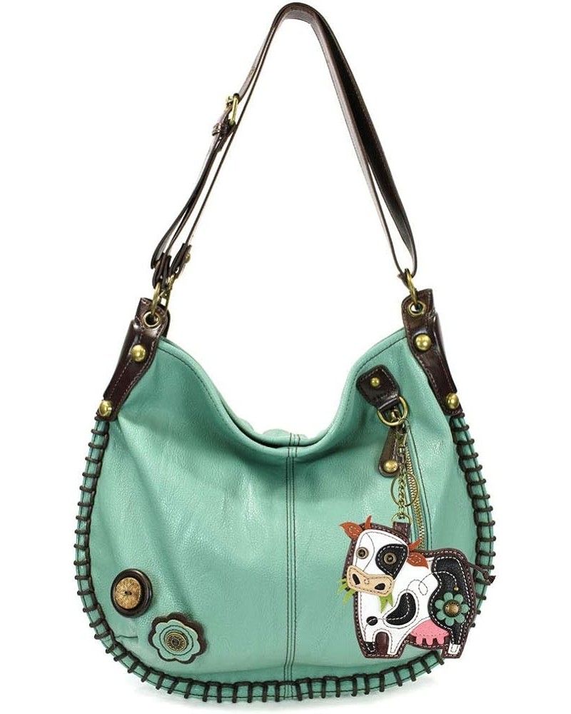 Handbags, Casual Style, Soft, Large Shoulder or Crossbody Purse with Keyfob - Teal Green Color White and Black Cow $28.29 Cro...