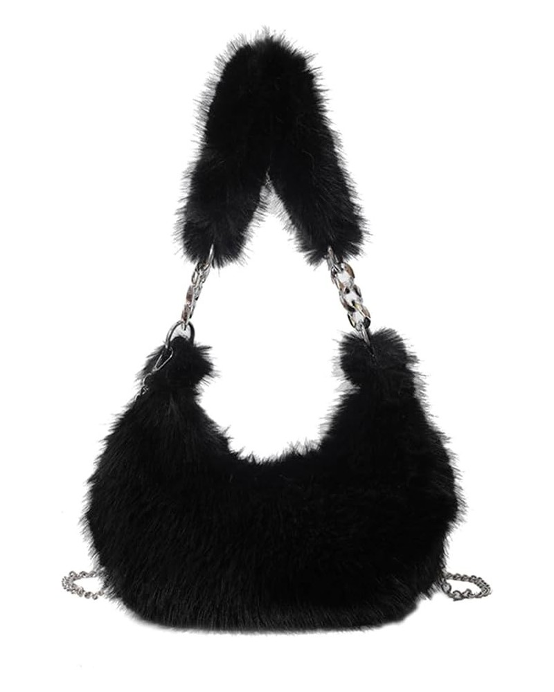 Women Plush Underarm Bag Zipper Chain Shoulder Bag Versatile Chain Crossbody Bag Soft Girl Satchel Purse Black $8.38 Totes