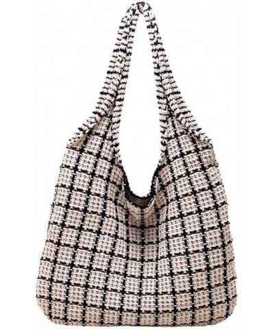 Checkered Tote Bag for Women Large Capacity Crochet Bags Summer Beach Tote Bag Retro Knitted Shoulder Bag Beige $10.70 Totes