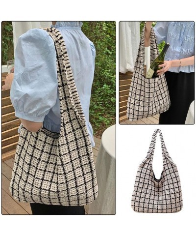 Checkered Tote Bag for Women Large Capacity Crochet Bags Summer Beach Tote Bag Retro Knitted Shoulder Bag Beige $10.70 Totes