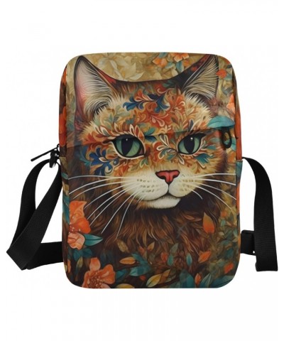 Beautiful Flower Cat Sling Bag Zipper Closure Crossbody Messenger Bags Purse with Card Phone Passport Compartment 6.6×9.4×2.5...