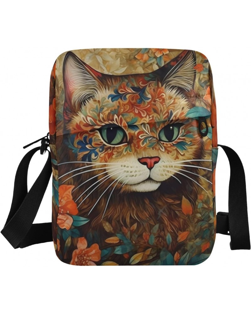 Beautiful Flower Cat Sling Bag Zipper Closure Crossbody Messenger Bags Purse with Card Phone Passport Compartment 6.6×9.4×2.5...