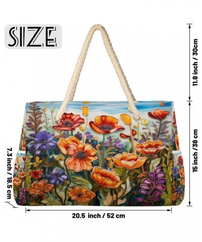 Field Flowers Print Beach Bags for Women Large Tote Bag with Zipper and Pockets Waterproof Sandproof Accessories Swim Pool Ba...