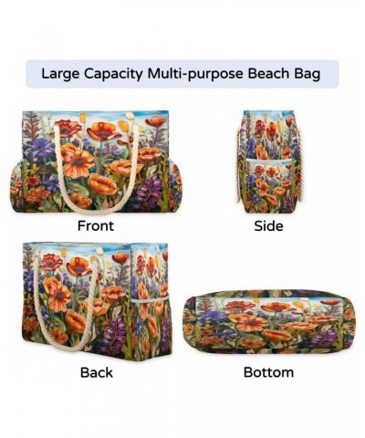 Field Flowers Print Beach Bags for Women Large Tote Bag with Zipper and Pockets Waterproof Sandproof Accessories Swim Pool Ba...