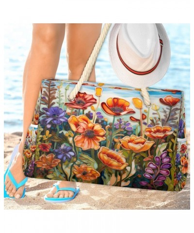 Field Flowers Print Beach Bags for Women Large Tote Bag with Zipper and Pockets Waterproof Sandproof Accessories Swim Pool Ba...