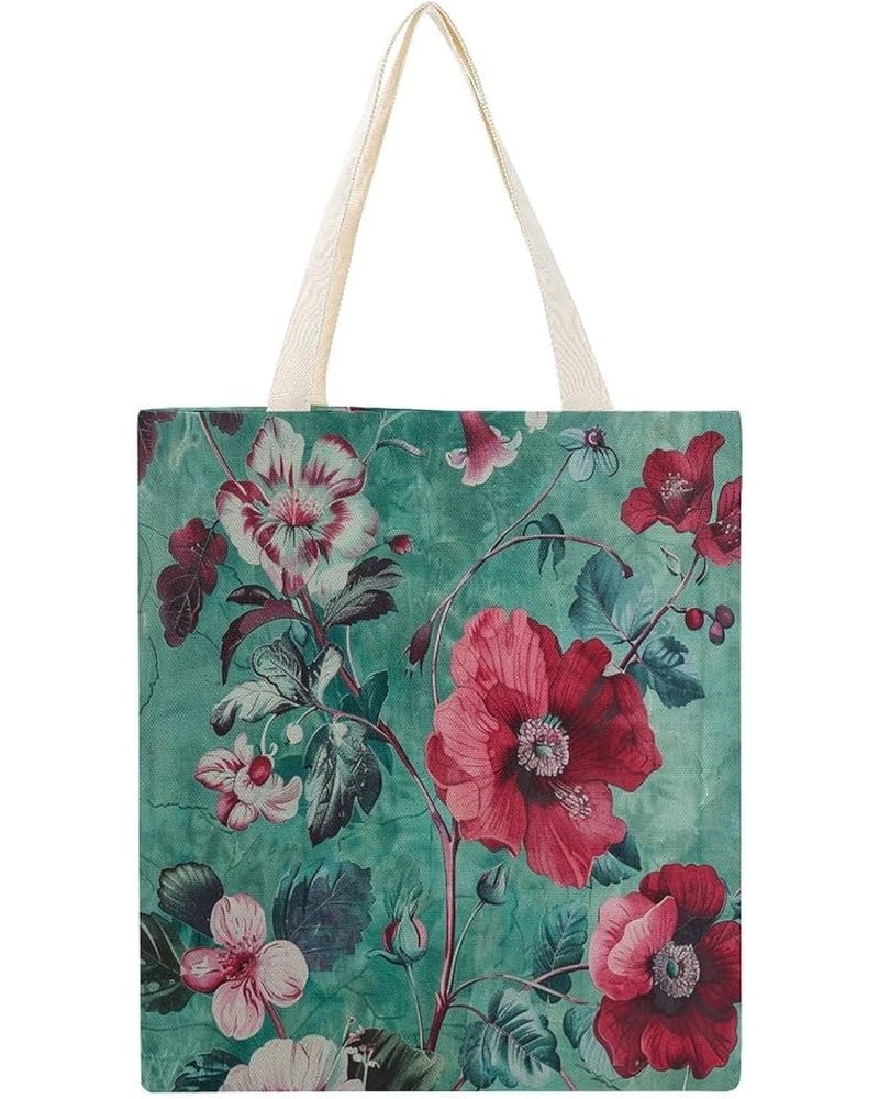 Canvas Tote Flowers Print In Emerald Green Beach Bags Floral Leaf Summer Reusable Canvas Shopping Bag Gifts Totebag $12.47 Totes